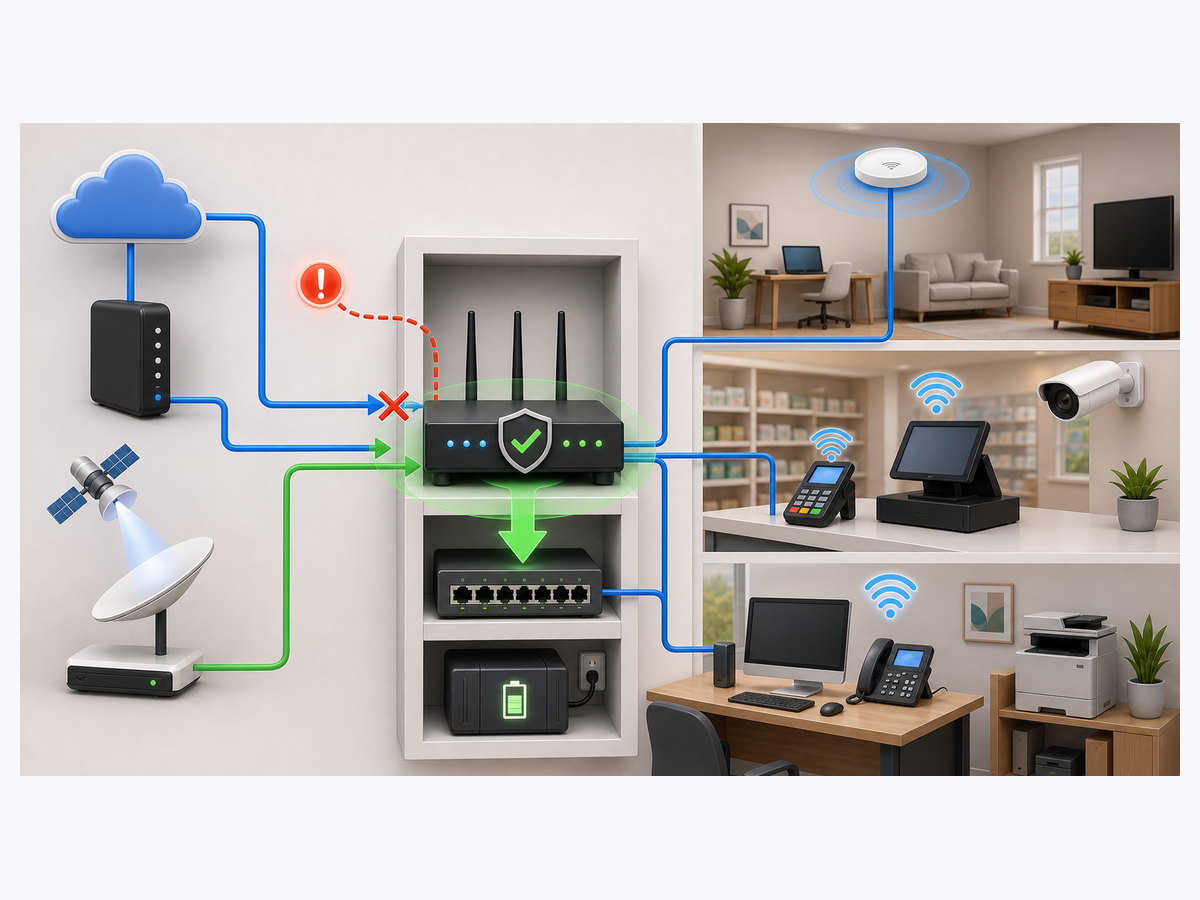 3D Starlink and cable ISP backup handoff illustration with router, switch, rooms and devices