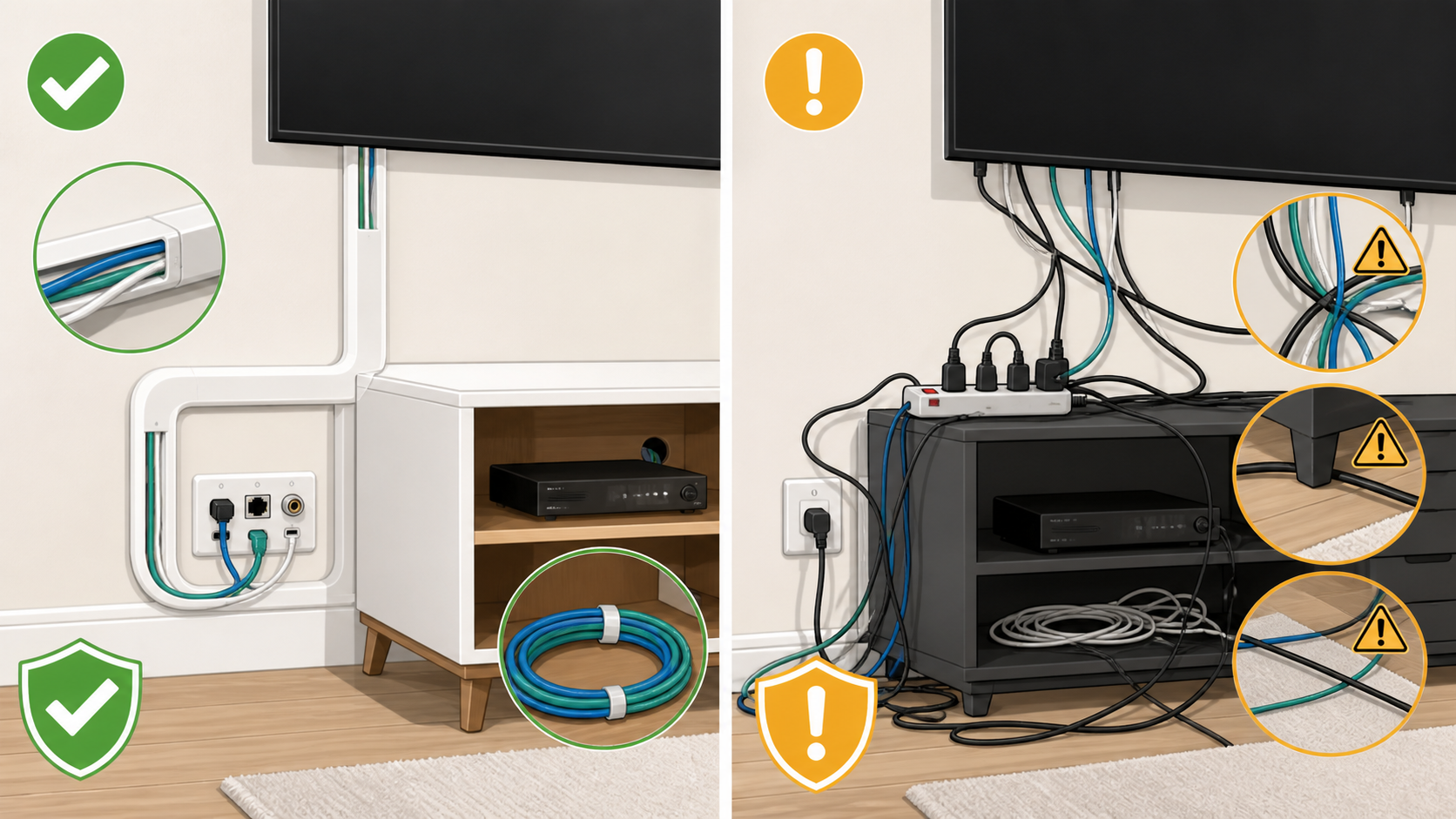 Vector-style comparison of safe raceway cable management and unsafe tangled TV cable and power-cord routing