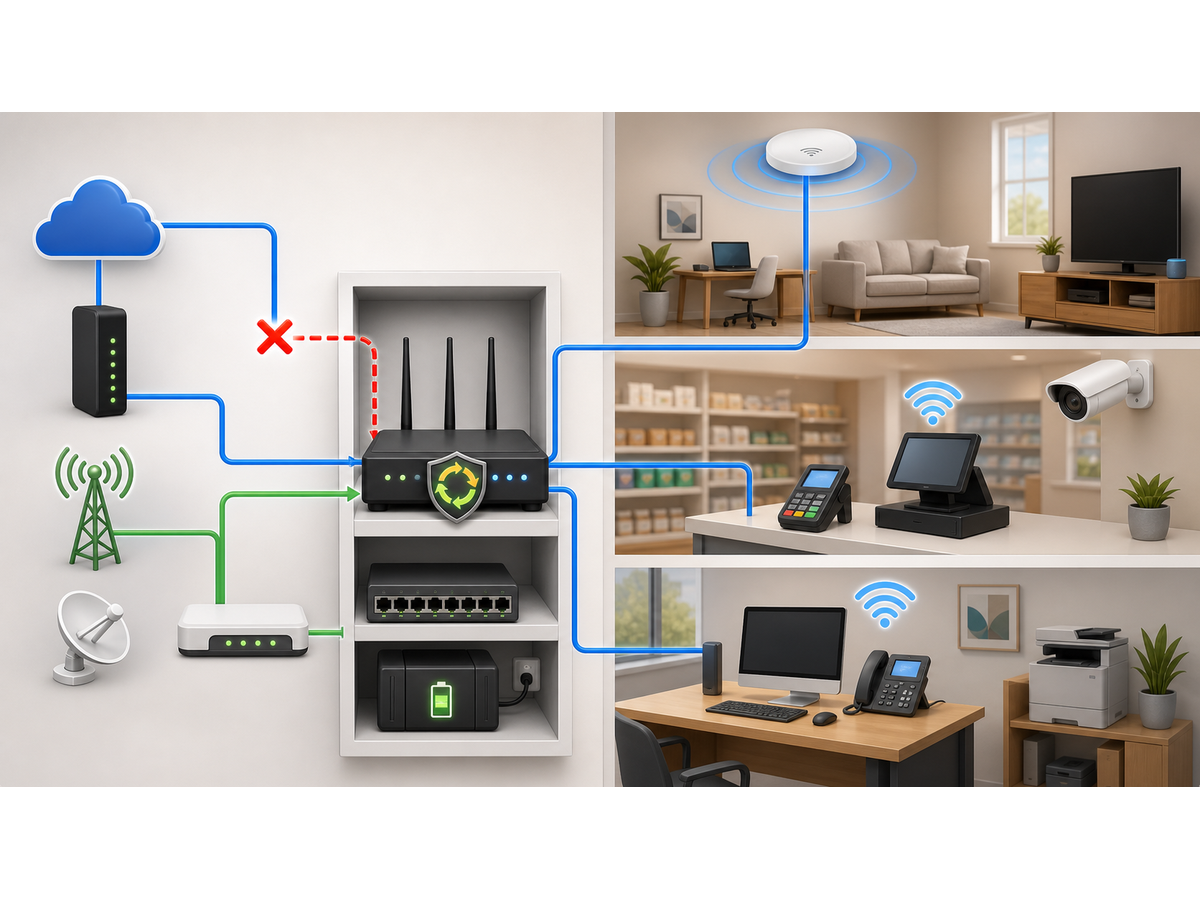 3D managed router and dual WAN failover map showing WAN LAN switch and backup path