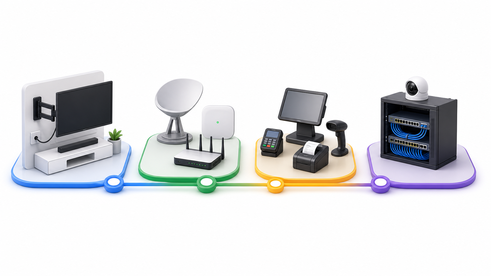 3D vector-style roadmap for TV Wi-Fi Starlink retail POS and network security field-service blog topics