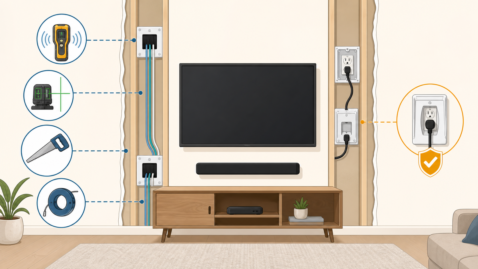 Vector-style meaning map for hidden TV wires showing separate low-voltage cable routing, safe power handling, wall planning tools and a media console