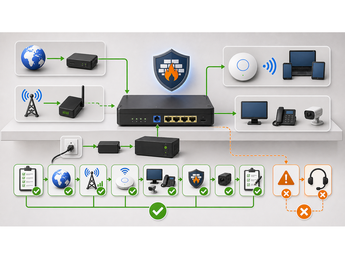 3D service map for Managed Router Install: WAN, LAN, Firewall, Cellular Backup and Documentation Checks