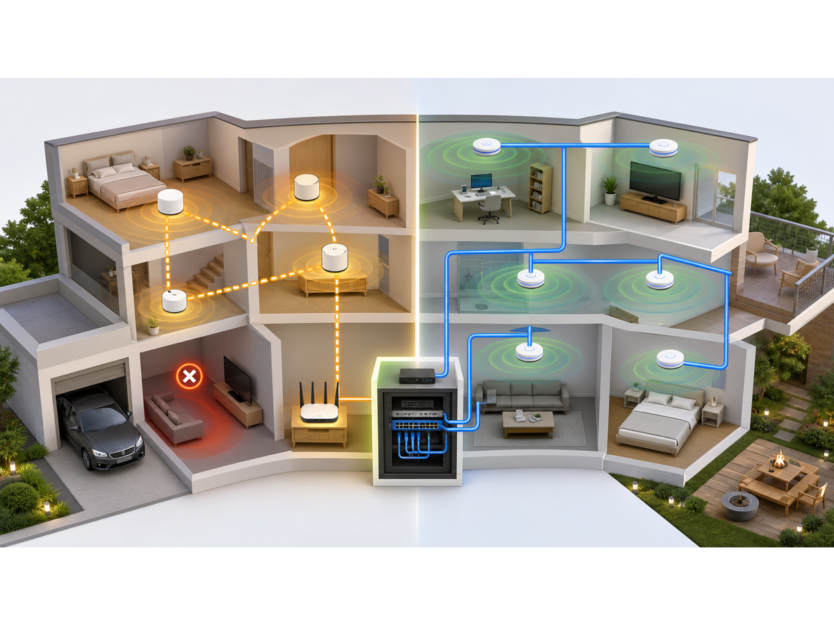 3D map of wired access points, mesh coverage and dead-zone planning for a large home