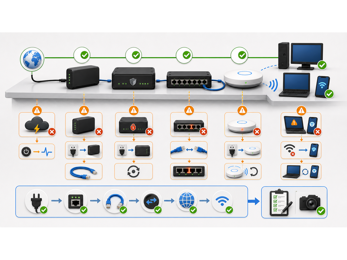 3D network diagnostics map showing modem router switch firewall access point and test path