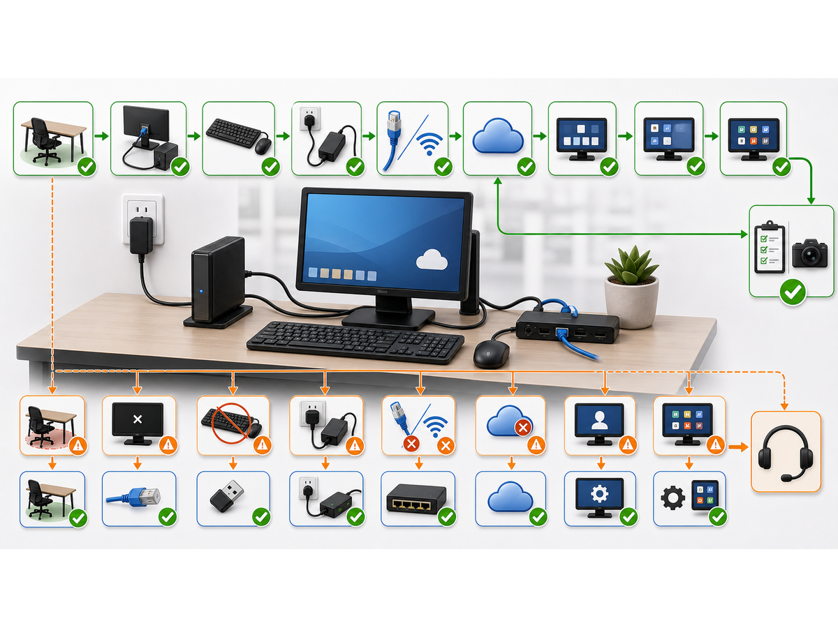 3D onsite versus remote support decision map showing settings, cabling, power, access and closeout proof