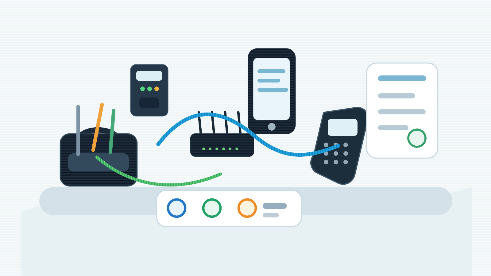 Editorial service illustration showing problem intake, tools, parts, router, terminal, cable tester and safe checklist context