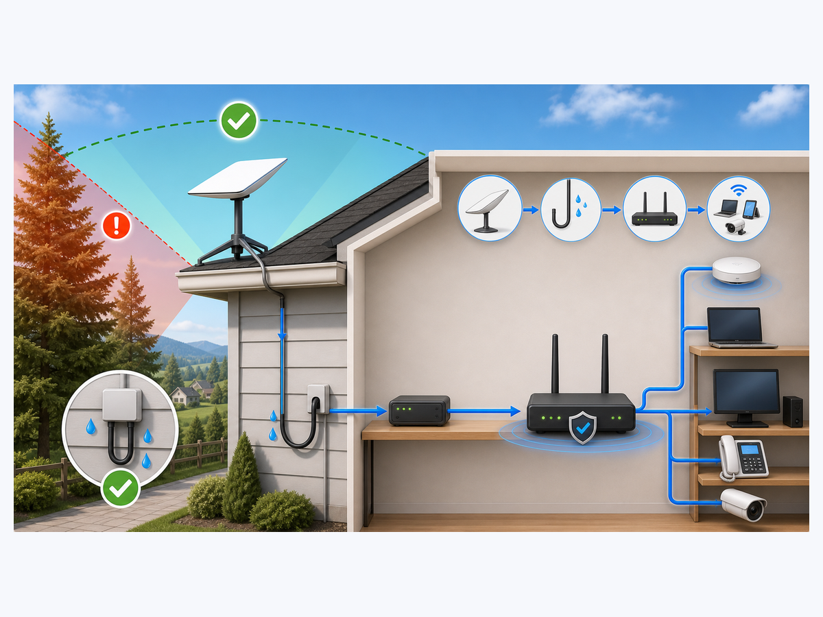 3D Starlink antenna setup illustration with roof dish, obstruction window, cable entry, router and connected devices