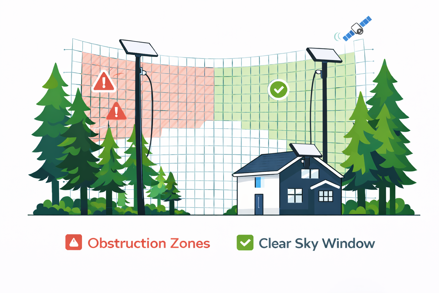 Starlink clear sky obstruction zones and acceptable sky window illustration