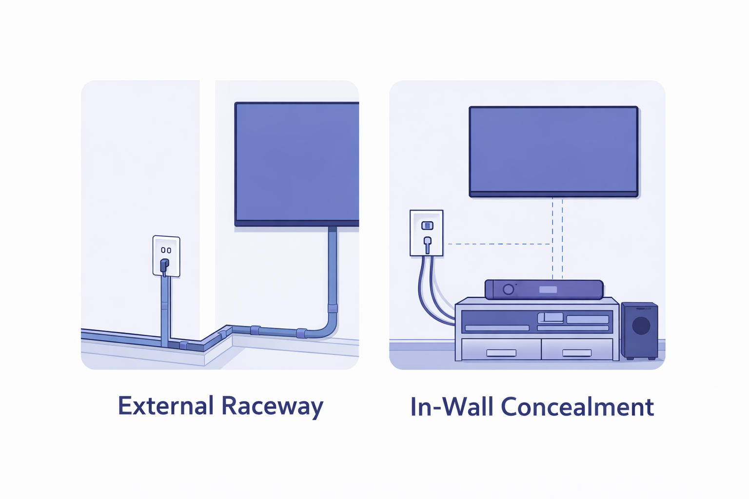 Illustration comparing external raceway cable management and in-wall TV cable concealment