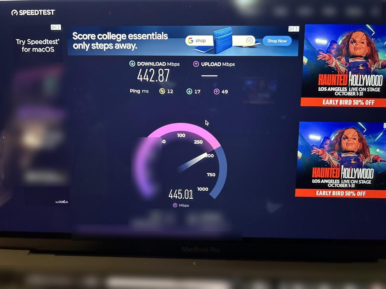 Onsite service photo showing connectivity speed-test screen