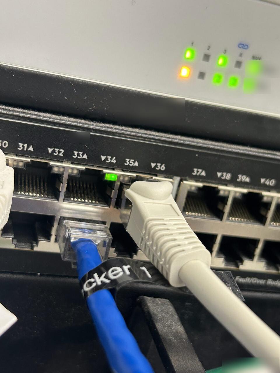 Real low-voltage network port and patch cable close-up showing active handoff hardware