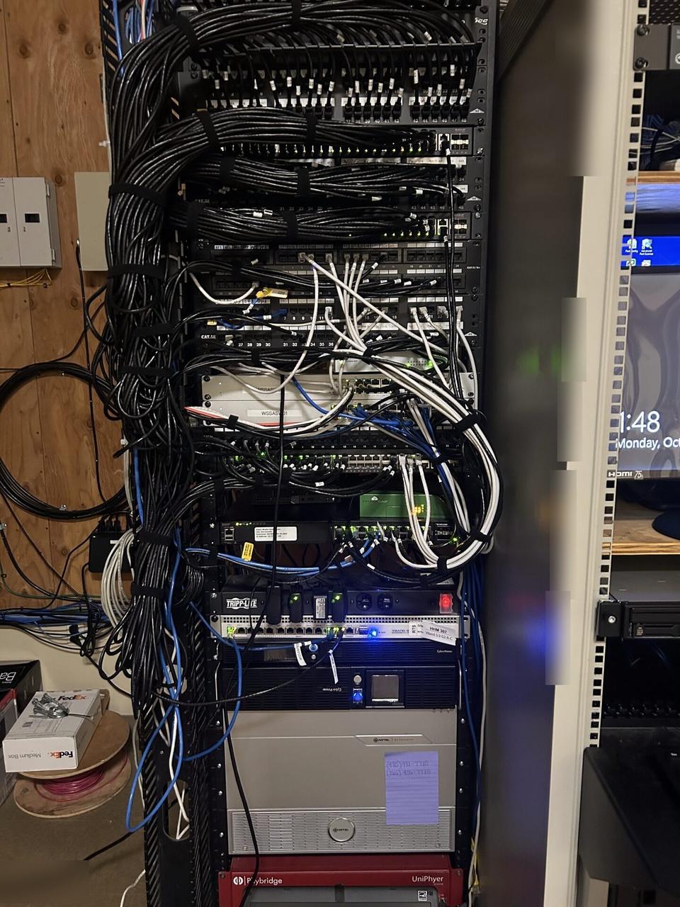 Smart technology service detail: equipment cabinet cabling and switch handoff with rack cabling organized