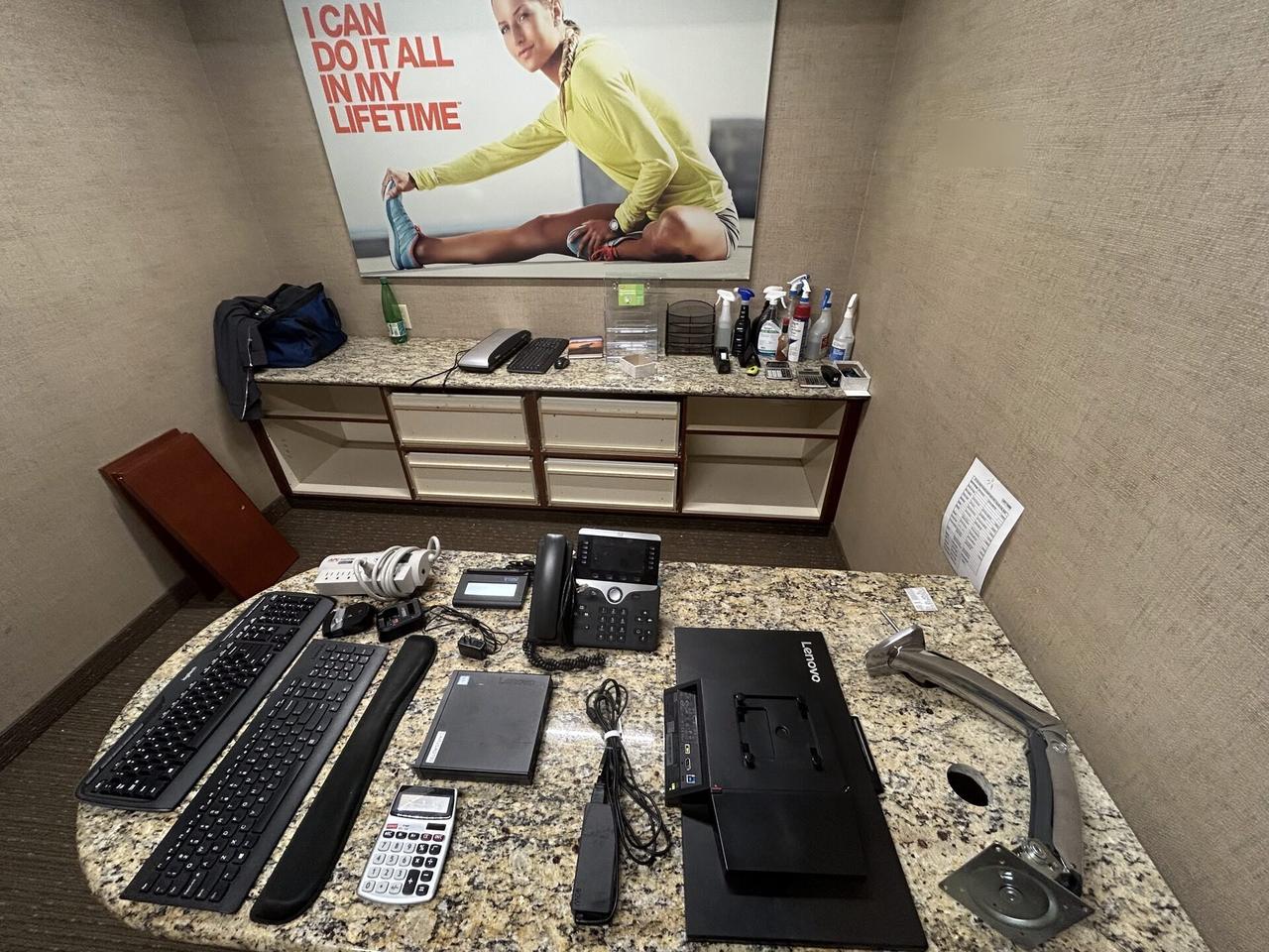 Service documentation showing office workstation setup with monitors with monitor cabling visible