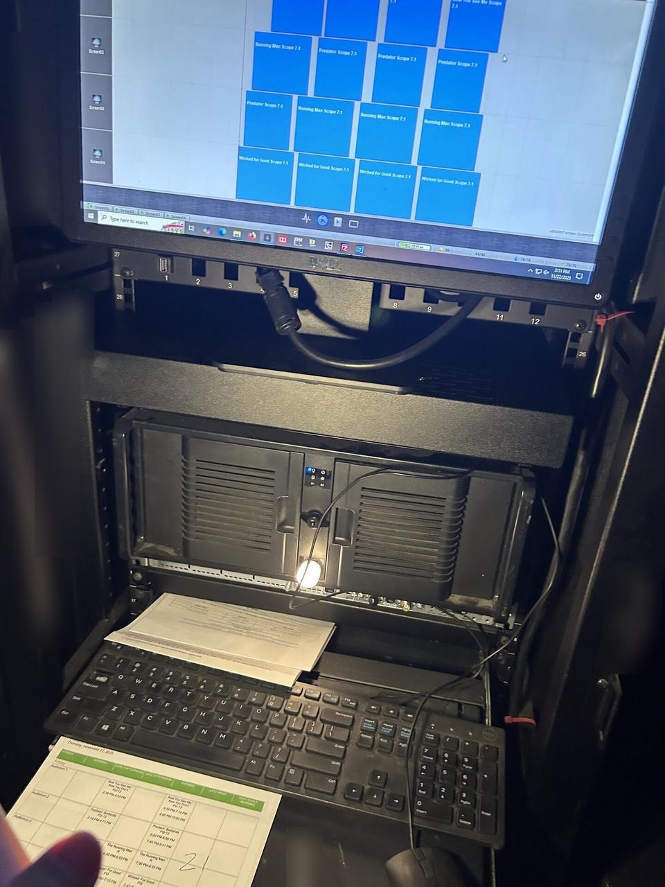 Onsite service photo showing rack-mounted network hardware during service inside the equipment cabinet
