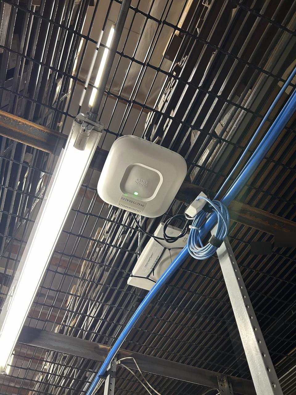Onsite service photo showing enterprise retail wireless access point refresh before final network testing