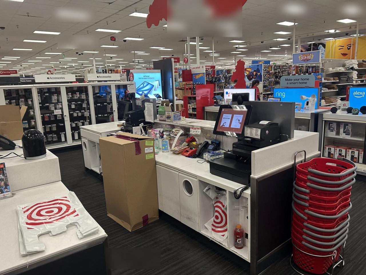 Retail checkout work area with POS terminal hardware documented for a smart technology service call