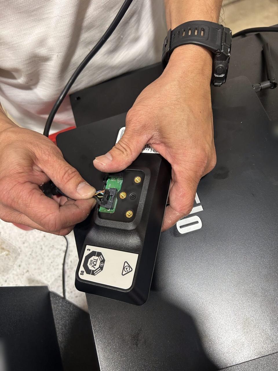 Checkout station POS hardware before final lane testing during an Alrty onsite service visit