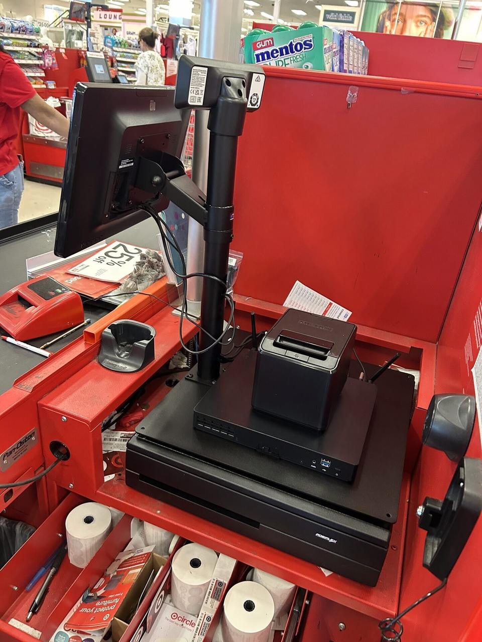 Public-safe portfolio image of checkout station POS hardware before final lane testing