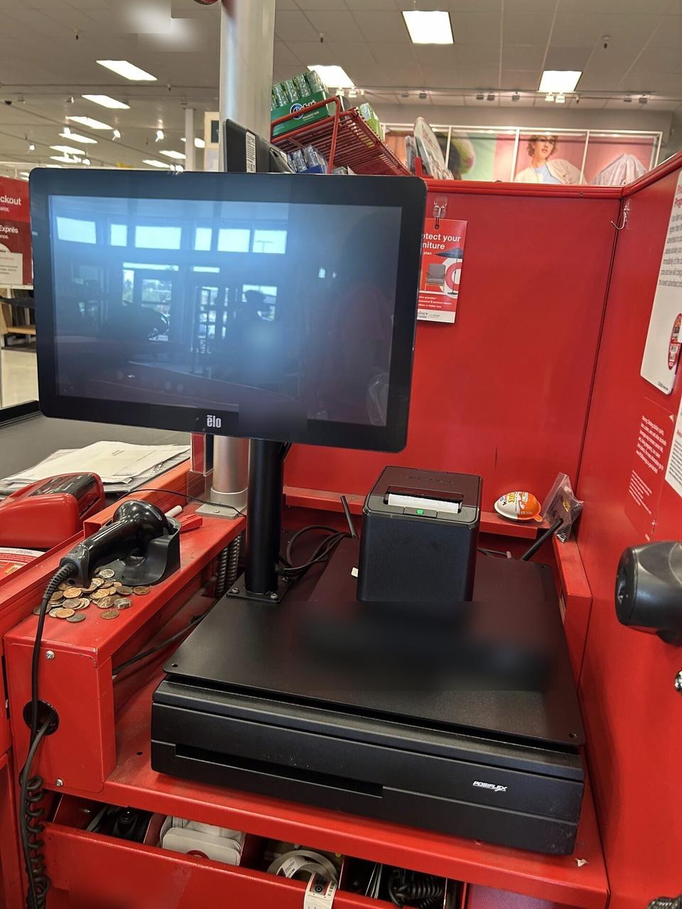 Smart technology service detail: checkout station POS hardware with cable routing visible