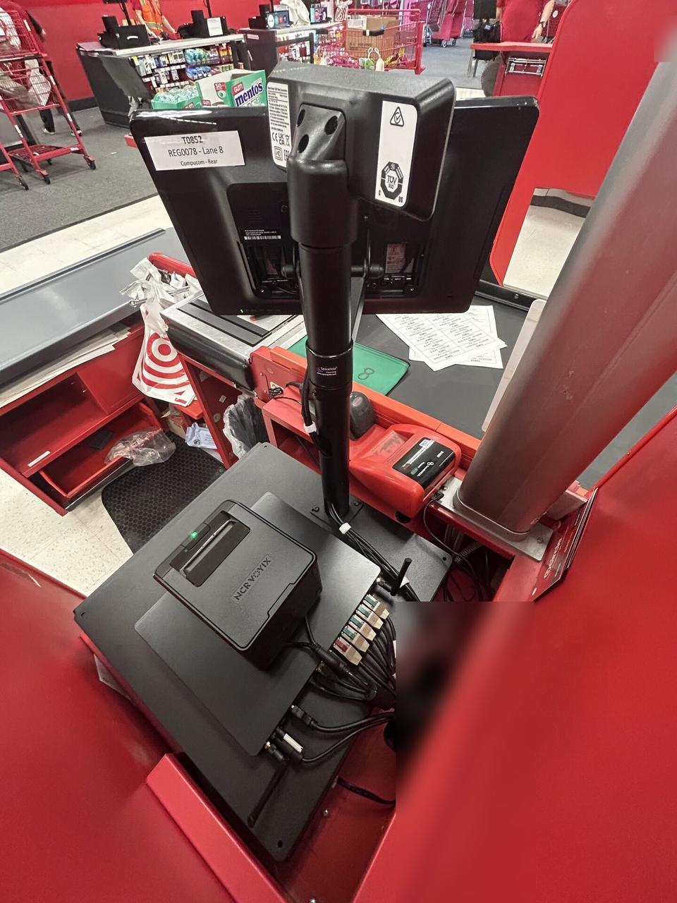 Retail POS lane hardware with register peripherals, cabling and checkout equipment prepared for onsite service