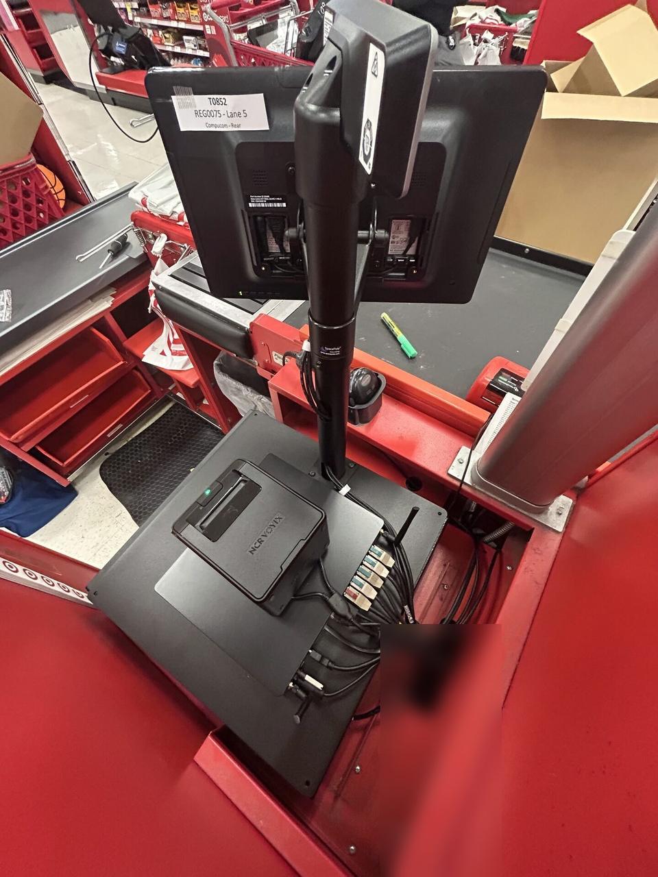Service documentation showing payment terminal and POS equipment handoff with private labels omitted