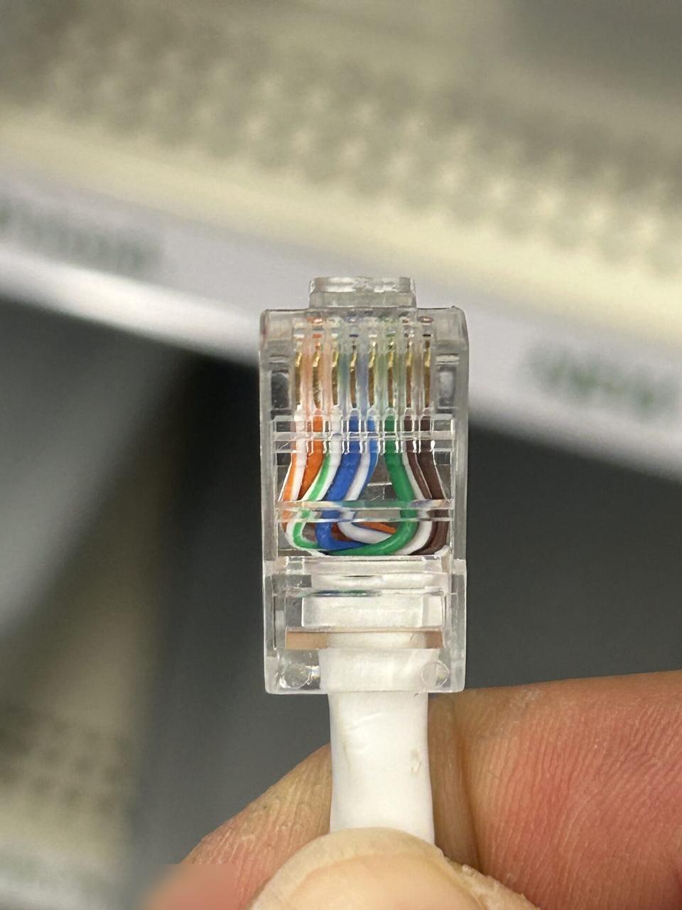 Real Ethernet connector close-up showing low-voltage cable termination detail for POS support
