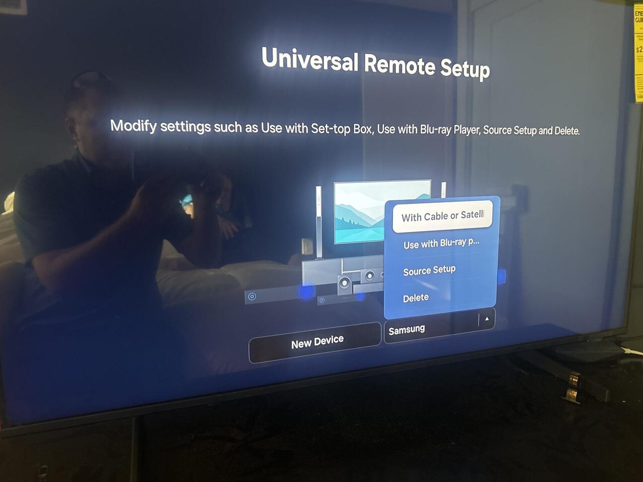 TV mounting or home theater setup detail with display placement, mount work, cabling or finished installation context