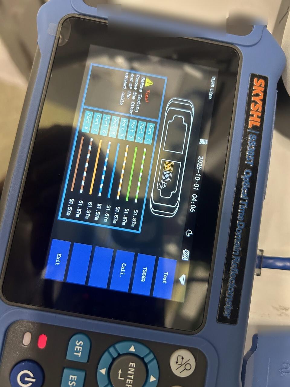 Service documentation showing optical and Cat5/Cat6 cable meter measuring distance on wire pairs