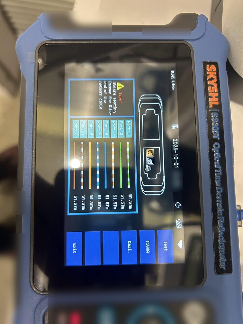 Optical and Cat5/Cat6 cable meter measuring distance on wire pairs documented for a smart technology service call